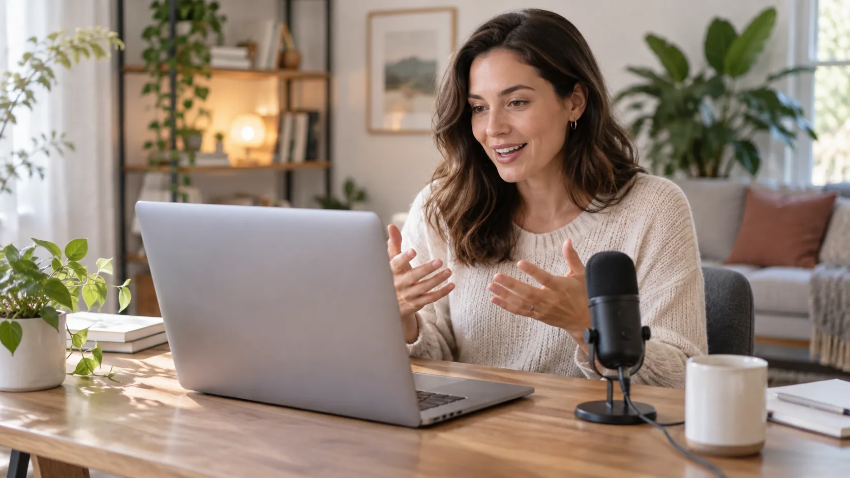 A woman talks to her laptop camera at a bright desk with a microphone beside her.