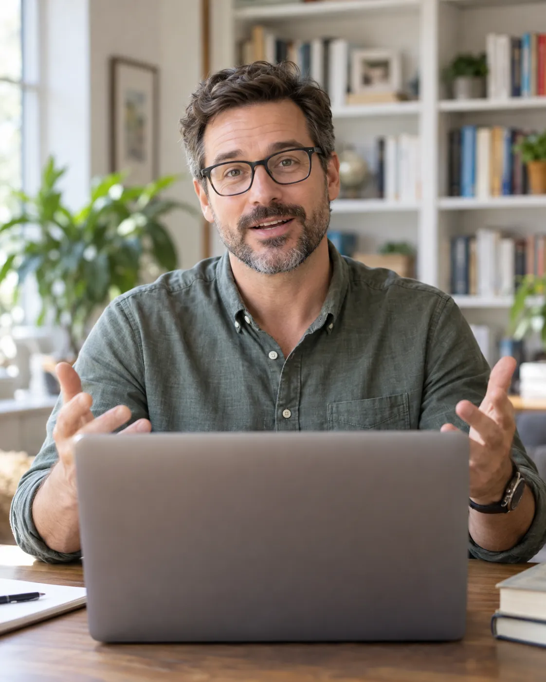 A teacher in glasses explains something to his laptop camera in a home office.